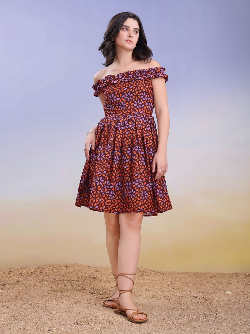 Women's Ruffled Off-Shoulder Mini Length Brown Dress
