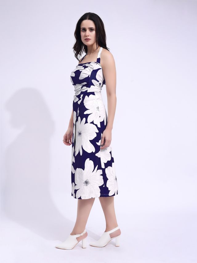 Women's Navy Blue Printed Maxi  Sleeveless Dress