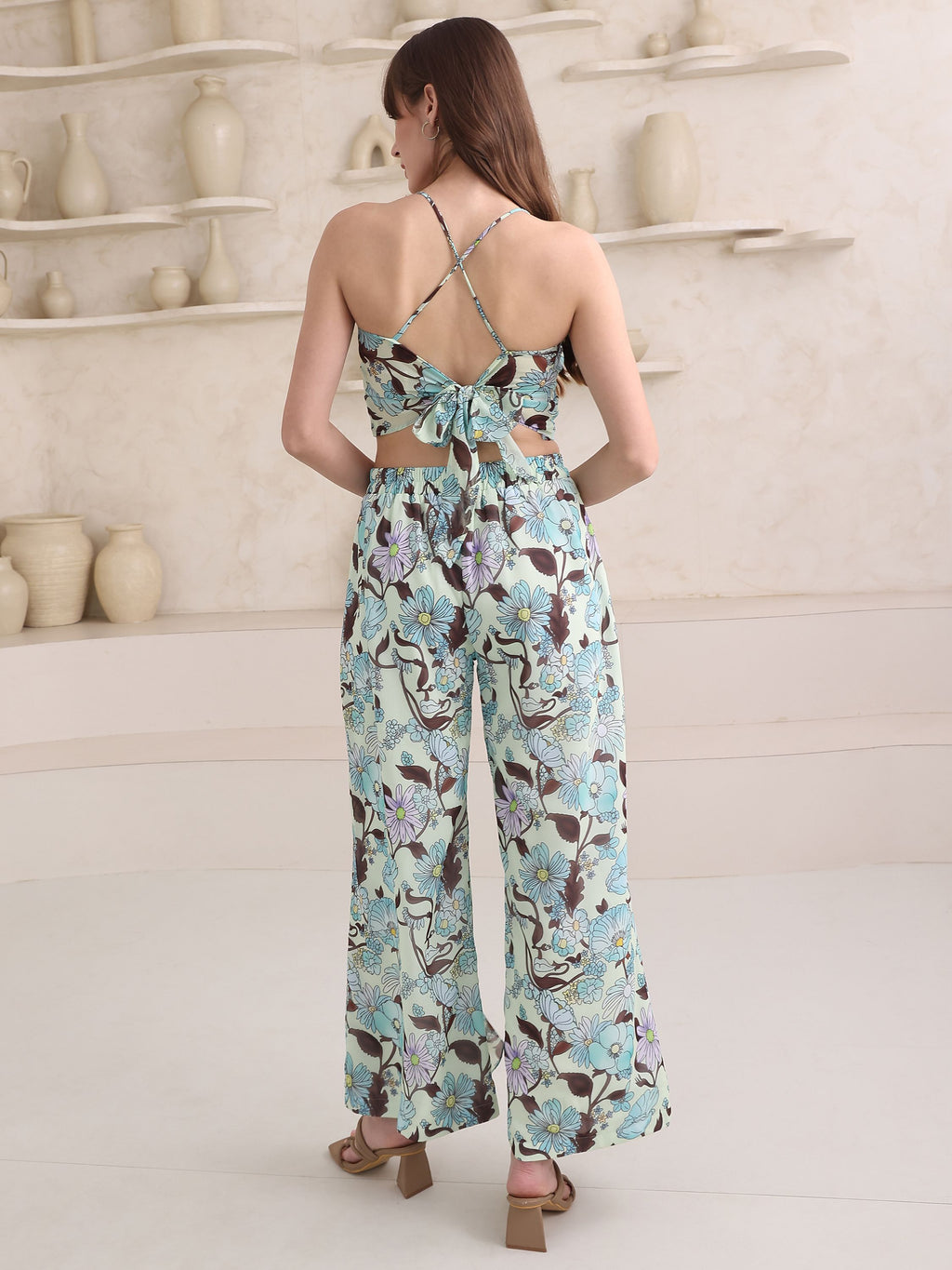 Women's Sea-Green Sweetheart Neck Sleevless Top & Palazzos Sets