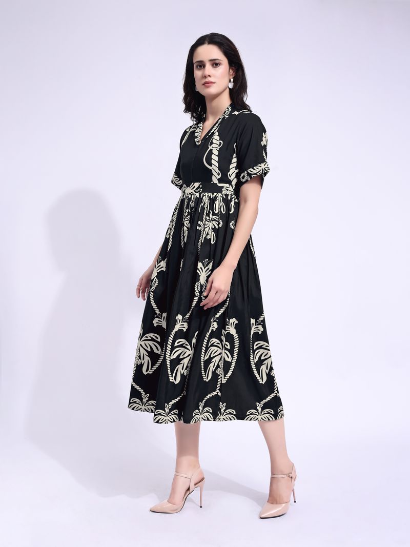 Women's Black Fit & Flared Midi Stylish Sleeve Dress