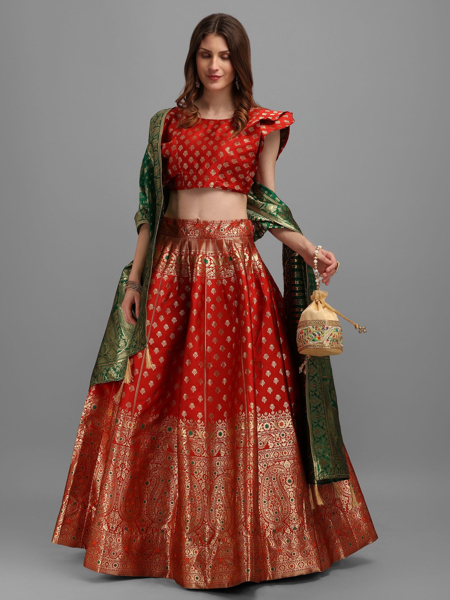 Women Red Self Design Print Lehenga