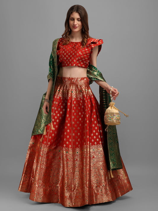 Women Red Self Design Print Lehenga