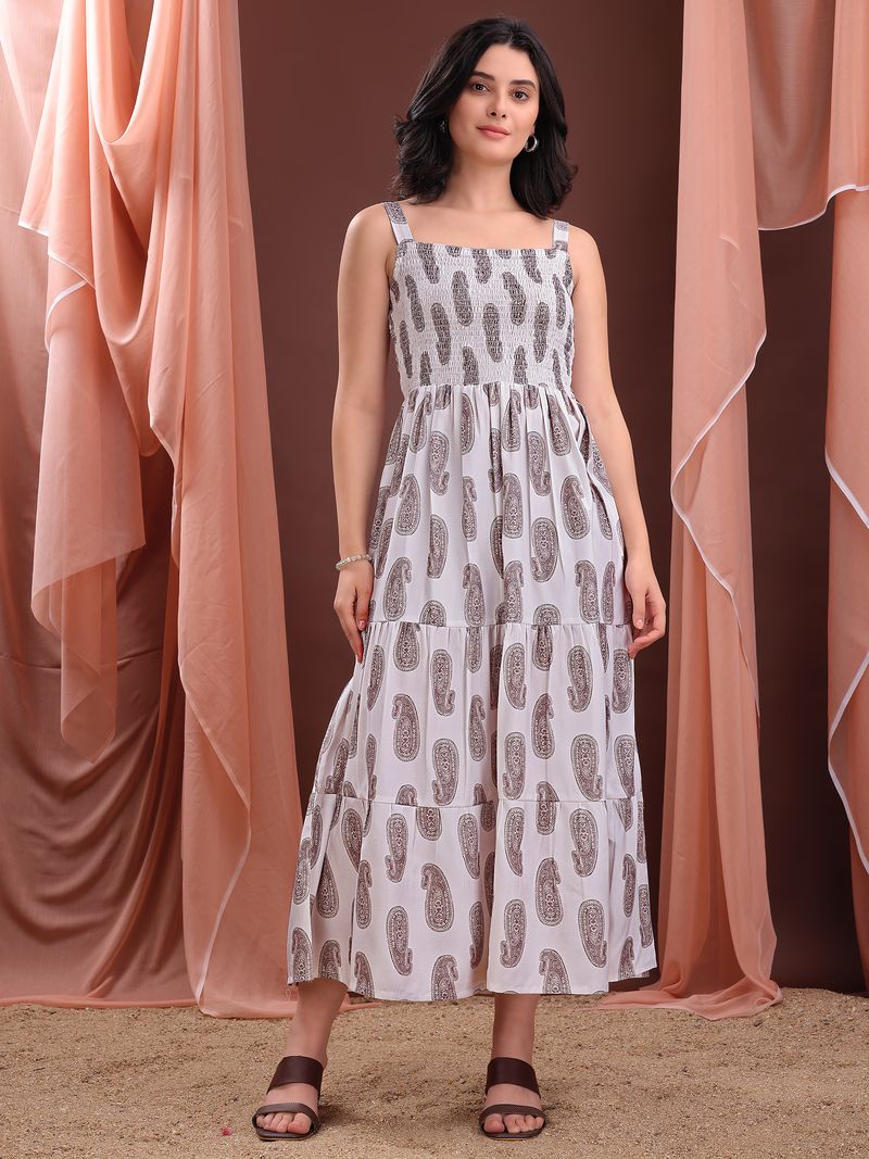 Women's White Printed Sleeveless Maxi Dress