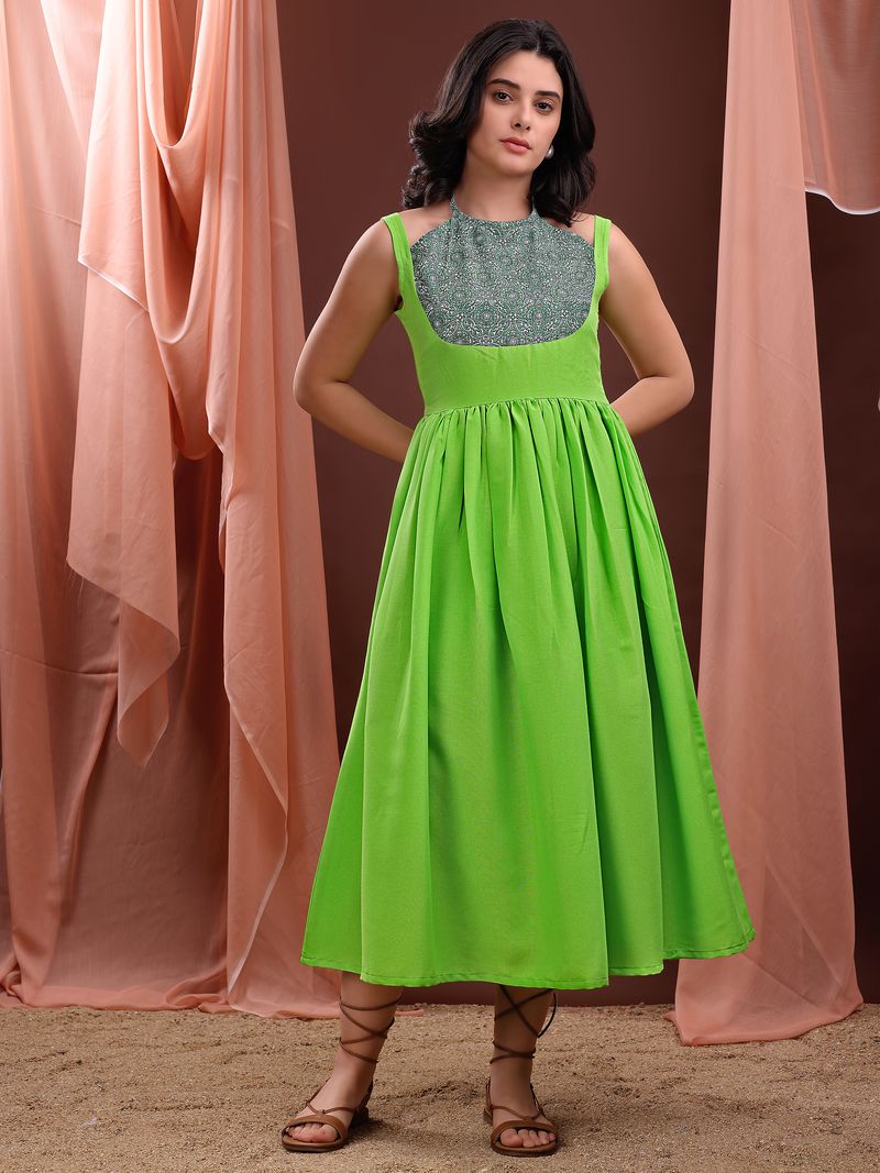 Women's Green Fit & Flared Midi Cotton Blend Dress