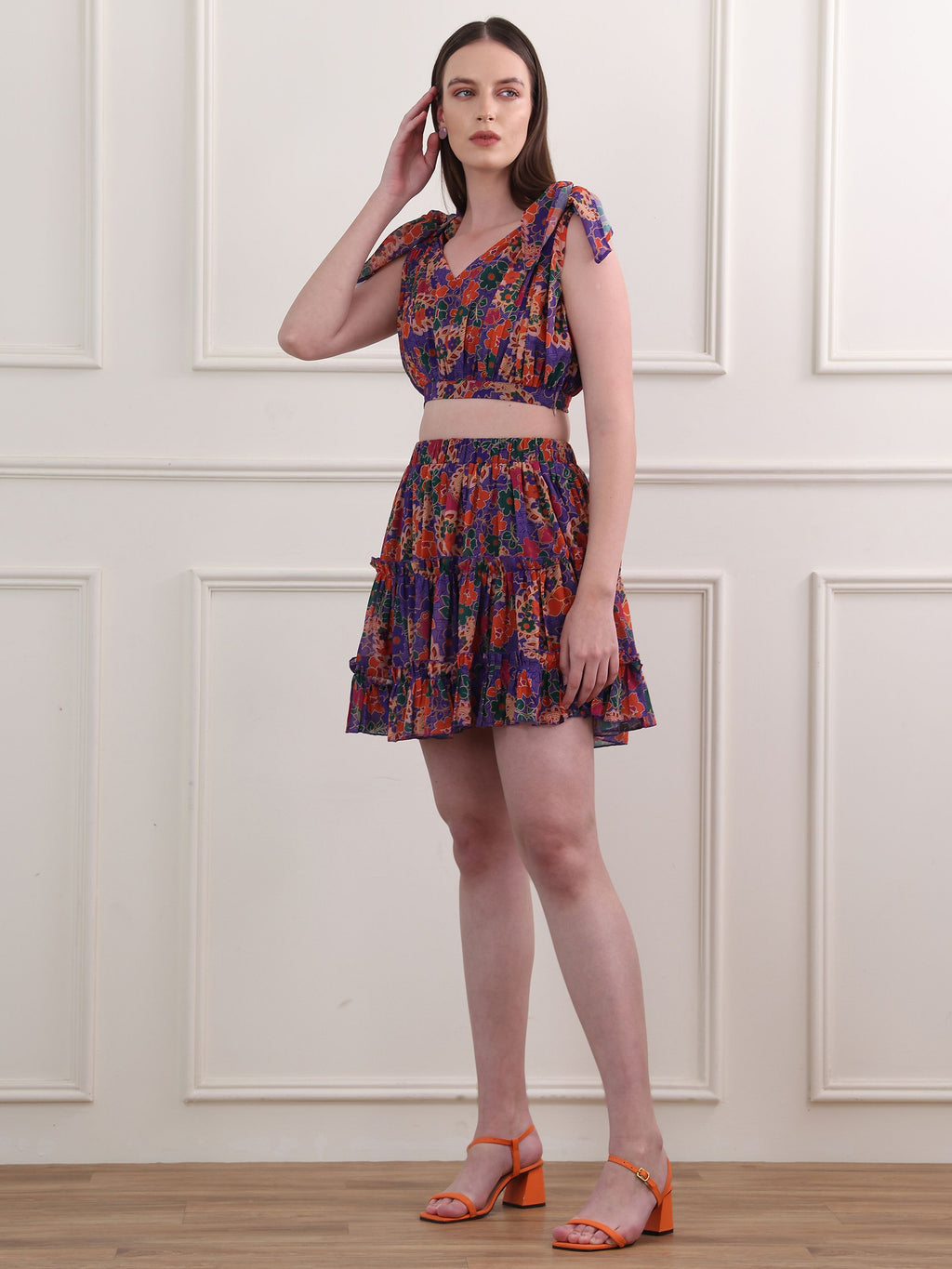 Women's Purple Sleeveless V-Neck Top & Skirt Sets