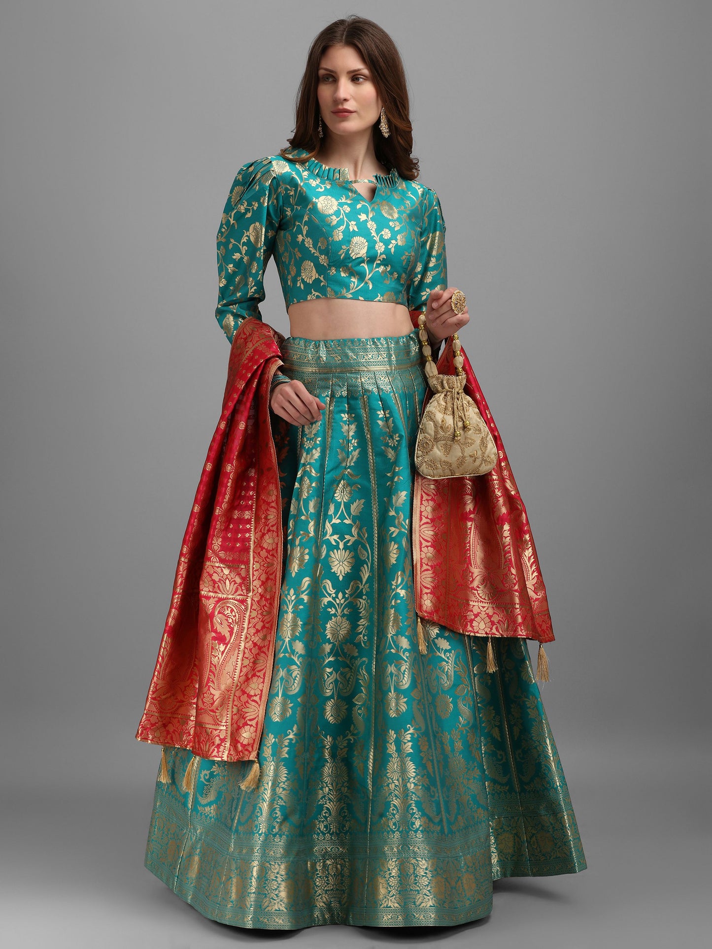 Floral Woven Kalidar Sea Green Lehenga Choli