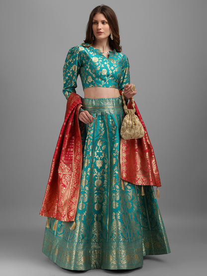 Floral Woven Kalidar Sea Green Lehenga Choli