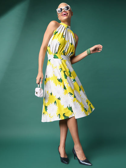 Women Yellow Fit & Flare Floral Print Dress