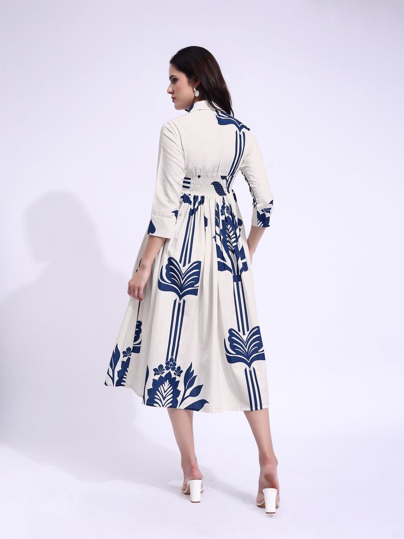 Women's Off White Fit & Flared Midi Regular Sleevee Dress