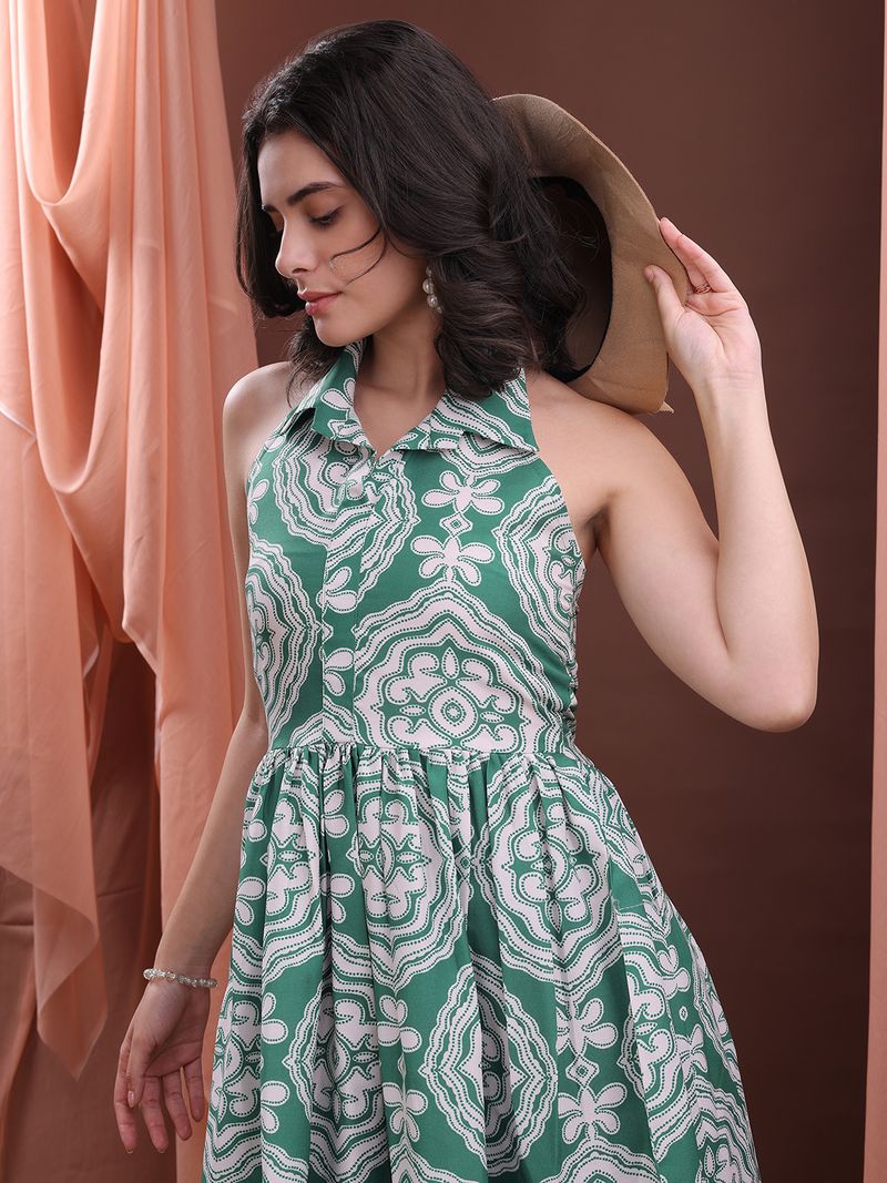 Women's Printed Fit and Flare Maxi Green Dress