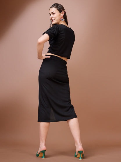 Women Black V-Neck Top & Skirt Co-ords