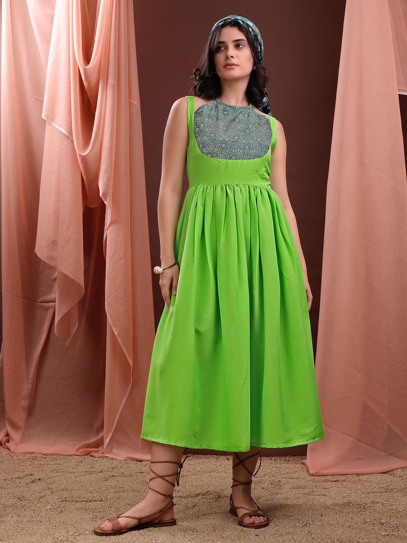 Women's Green Fit & Flared Midi Cotton Blend Dress
