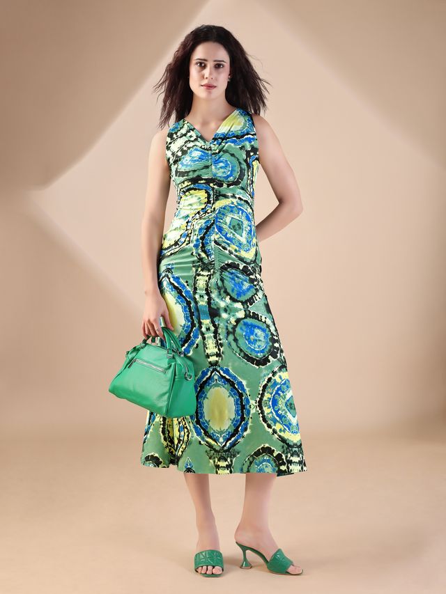 Women's Green Printed Maxi Sleeveless Dress