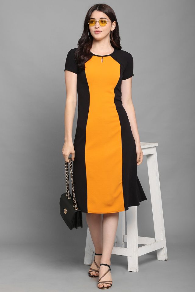 Women Yellow & Black A Line dress
