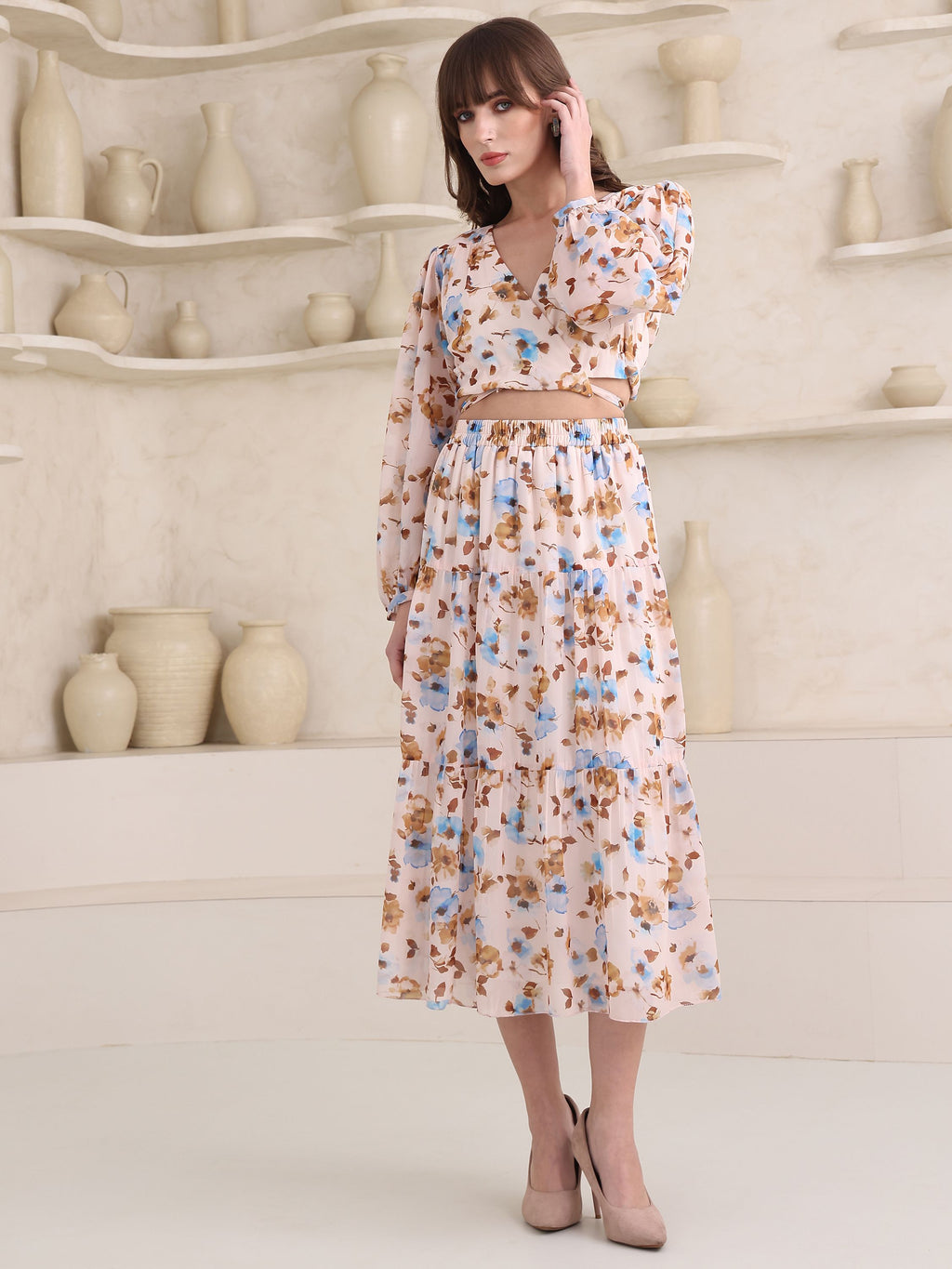 Women's Beige Stylish Puff Sleeve Top & Skirt Sets