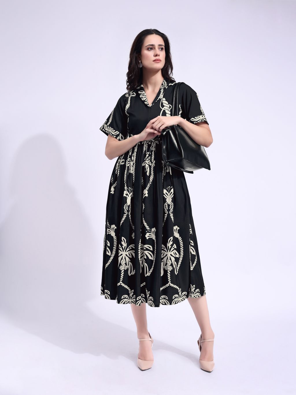 Women's Black Fit & Flared Midi Stylish Sleeve Dress