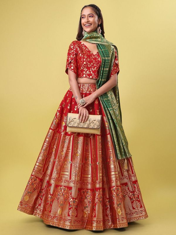 Decorated With Beautiful Flower Motif Red Lehenga Choli