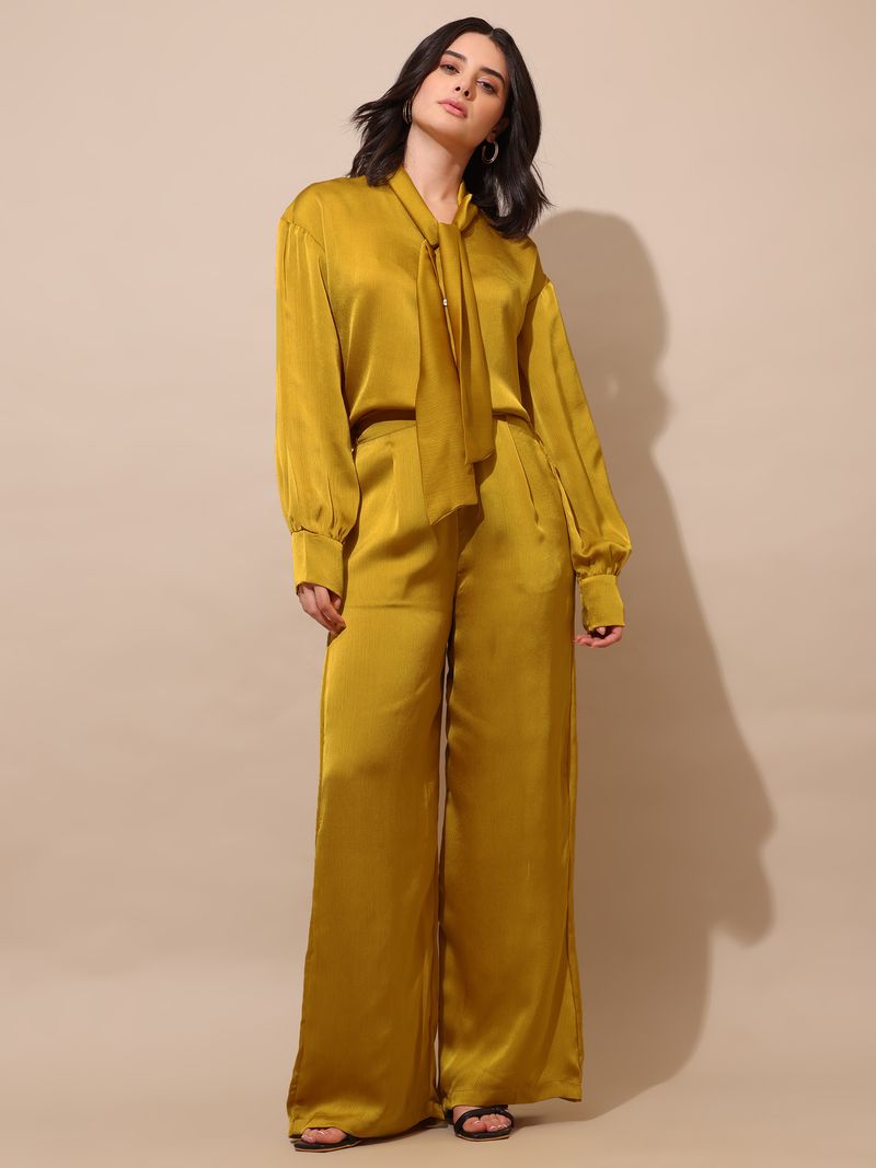 Women's Yellow Solid Silk Blend Tie-Up Stylized Co-Ords