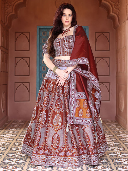 Kanjiwaram With Zari Maroon Lehenga Choli