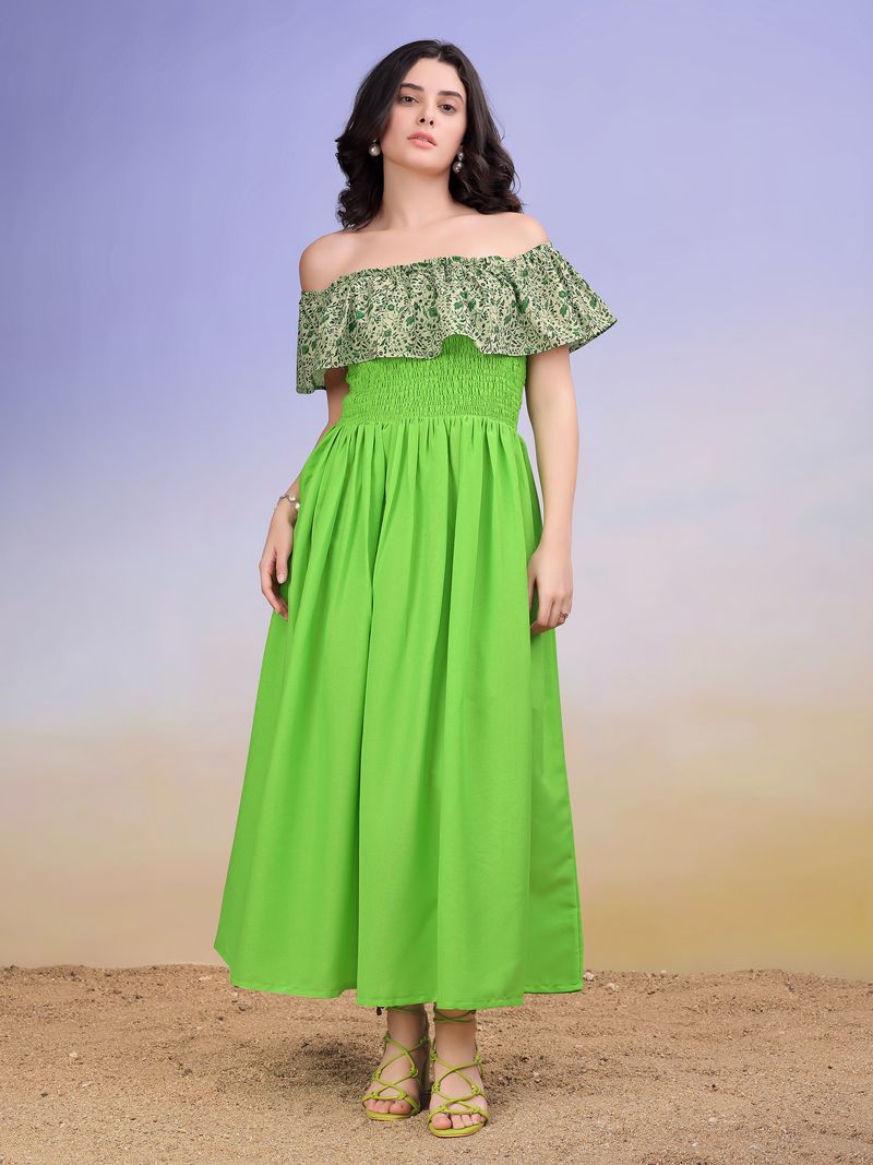 Women's Green Solid Off Shoulder Sleeveless Dress
