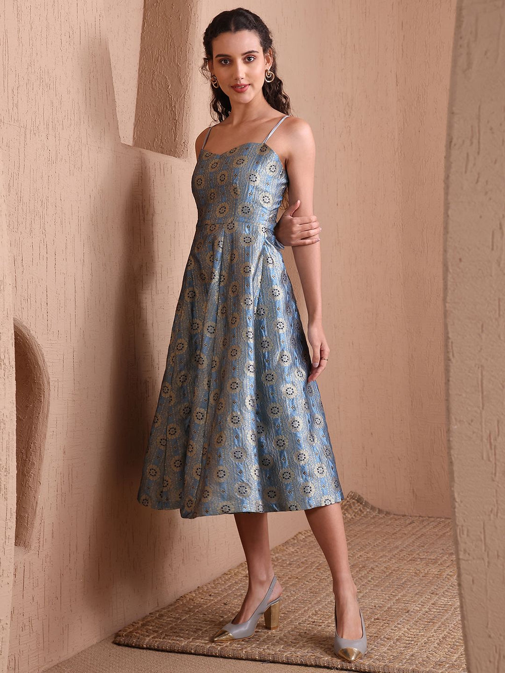Obshivka Printed Fit and Flare Sky Blue Dress