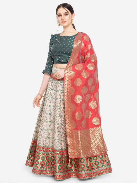 Women Dark Green Self Design Print Lehenga