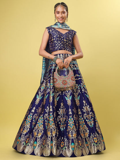 Women Blue Floral Print Lehenga