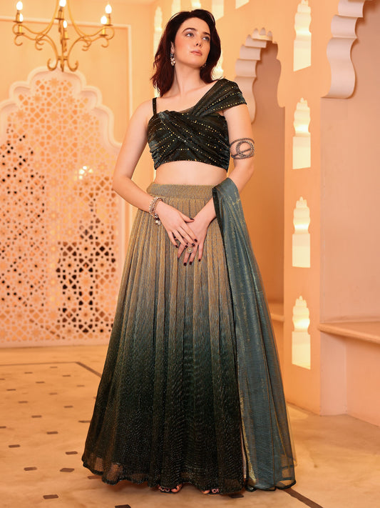 Crushed Silk Green Lehenga Choli with Sequined Embroidery