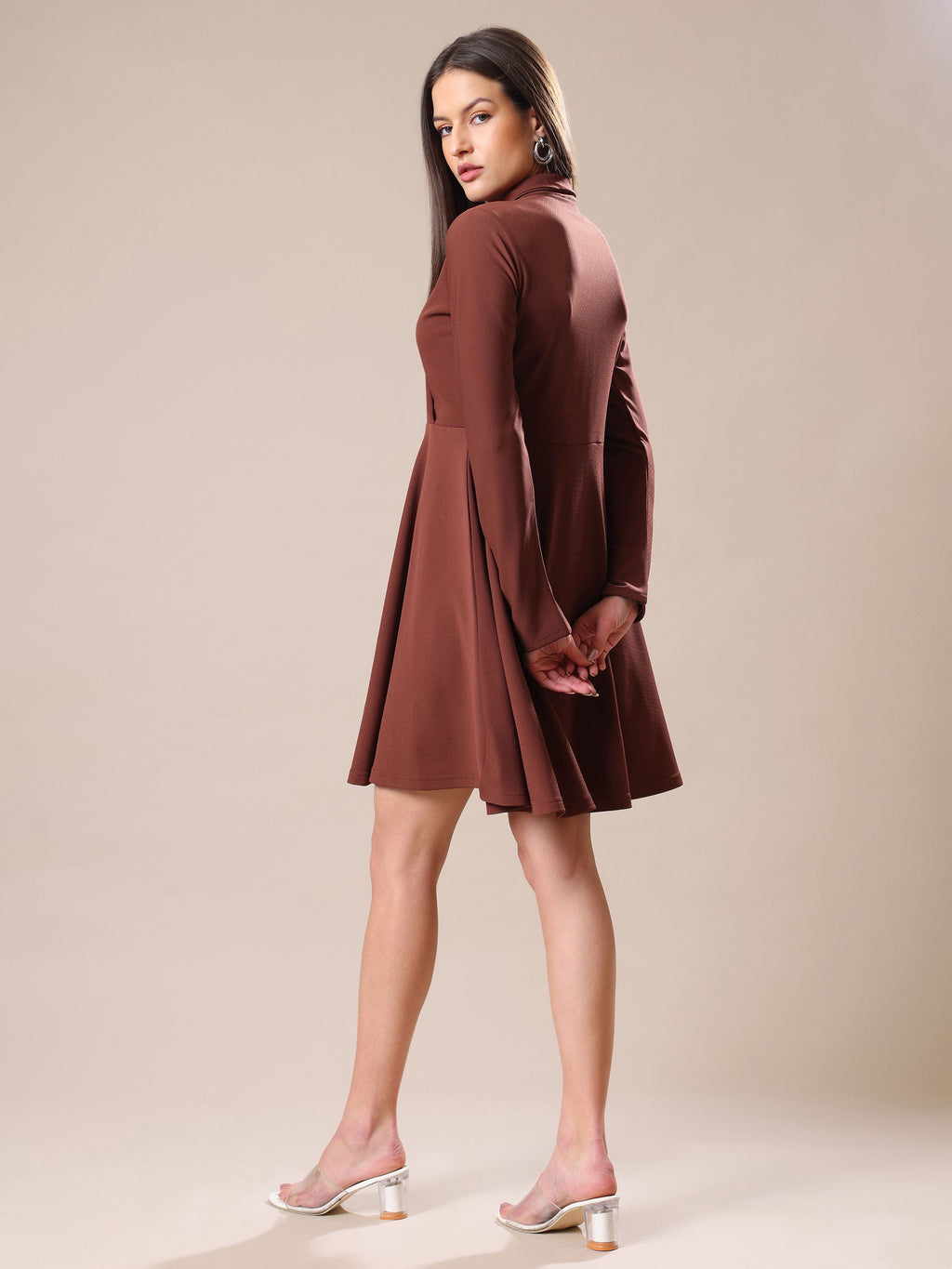 Women's Full Sleeve Fit & Flared Brown Dress