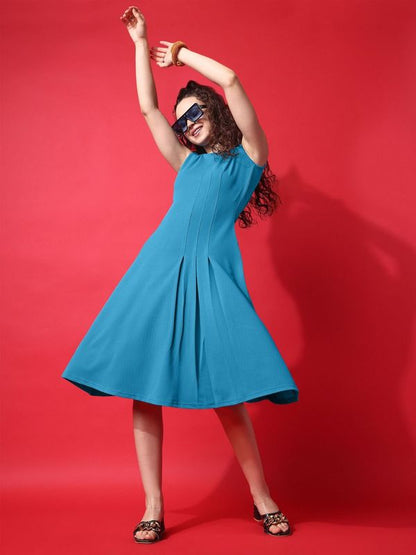 Fit and Flare Round Neck Teal Dress