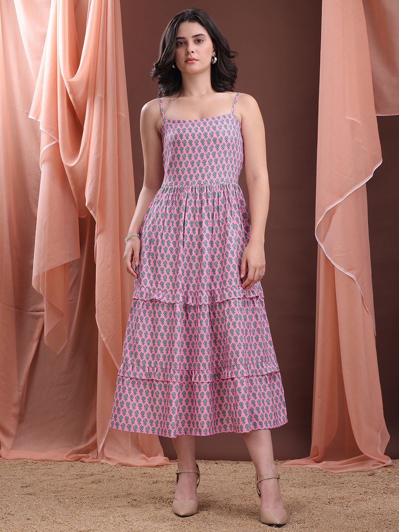 Women's Printed Flare Maxi Pink Dress