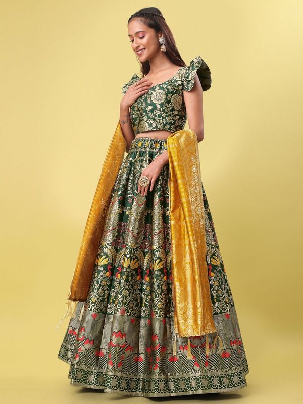 Women Green Jacquard Lehenga