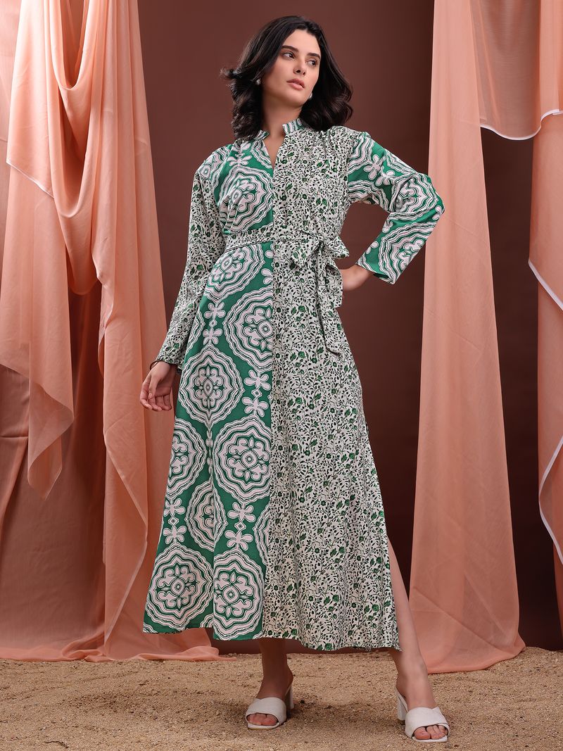 Women's Green A-Line Bell Sleeve Cotton Blend Dress