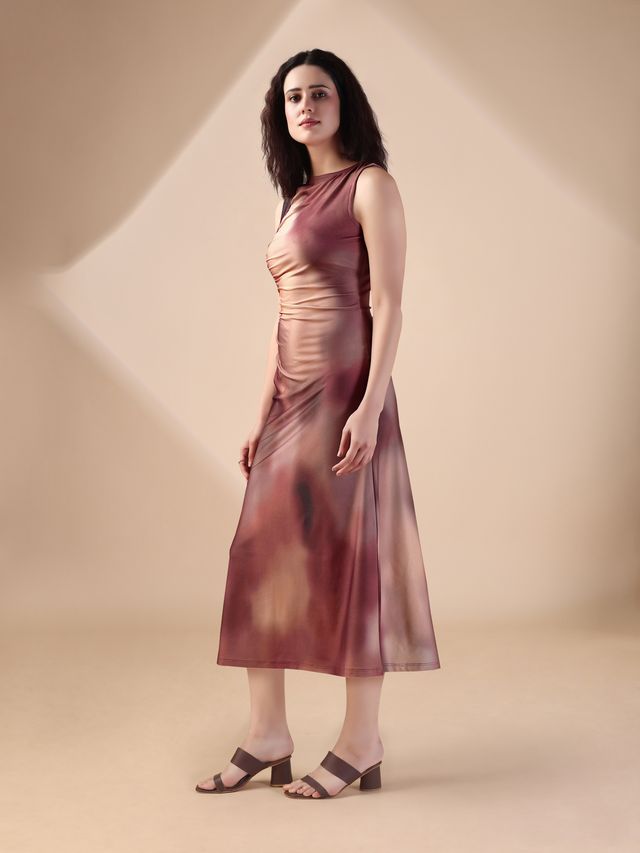 Women's Brown Printed Maxi  Sleeveless Dress