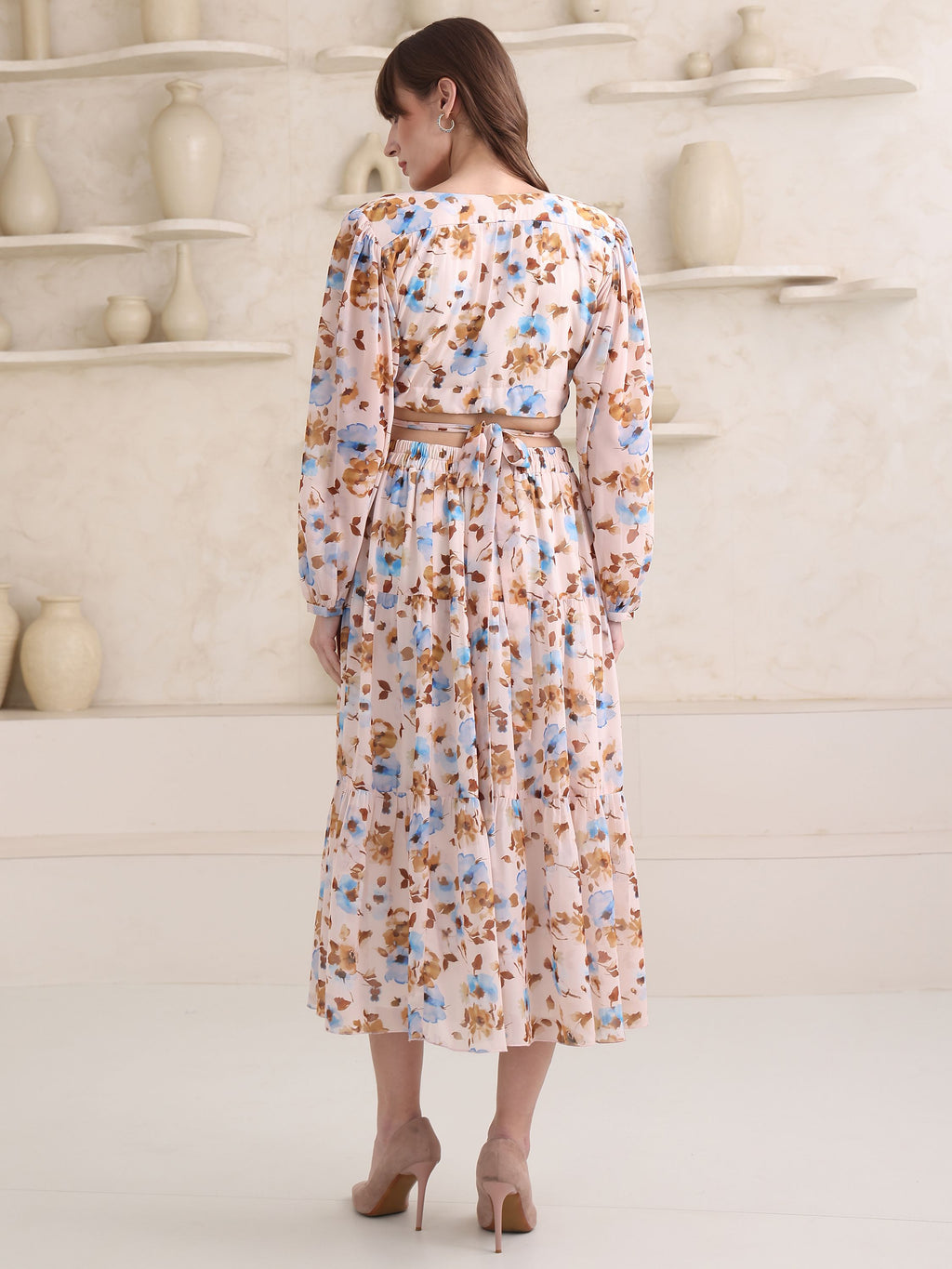 Women's Beige Stylish Puff Sleeve Top & Skirt Sets