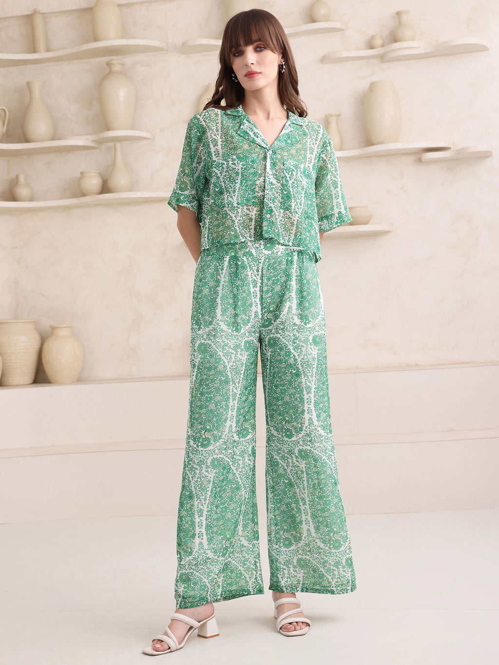 Women's Green Half  Sleeve Top & Trousers  Co-Ords Sets