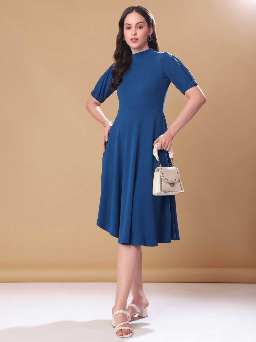 Women's Knee Length Flared Teal Dress