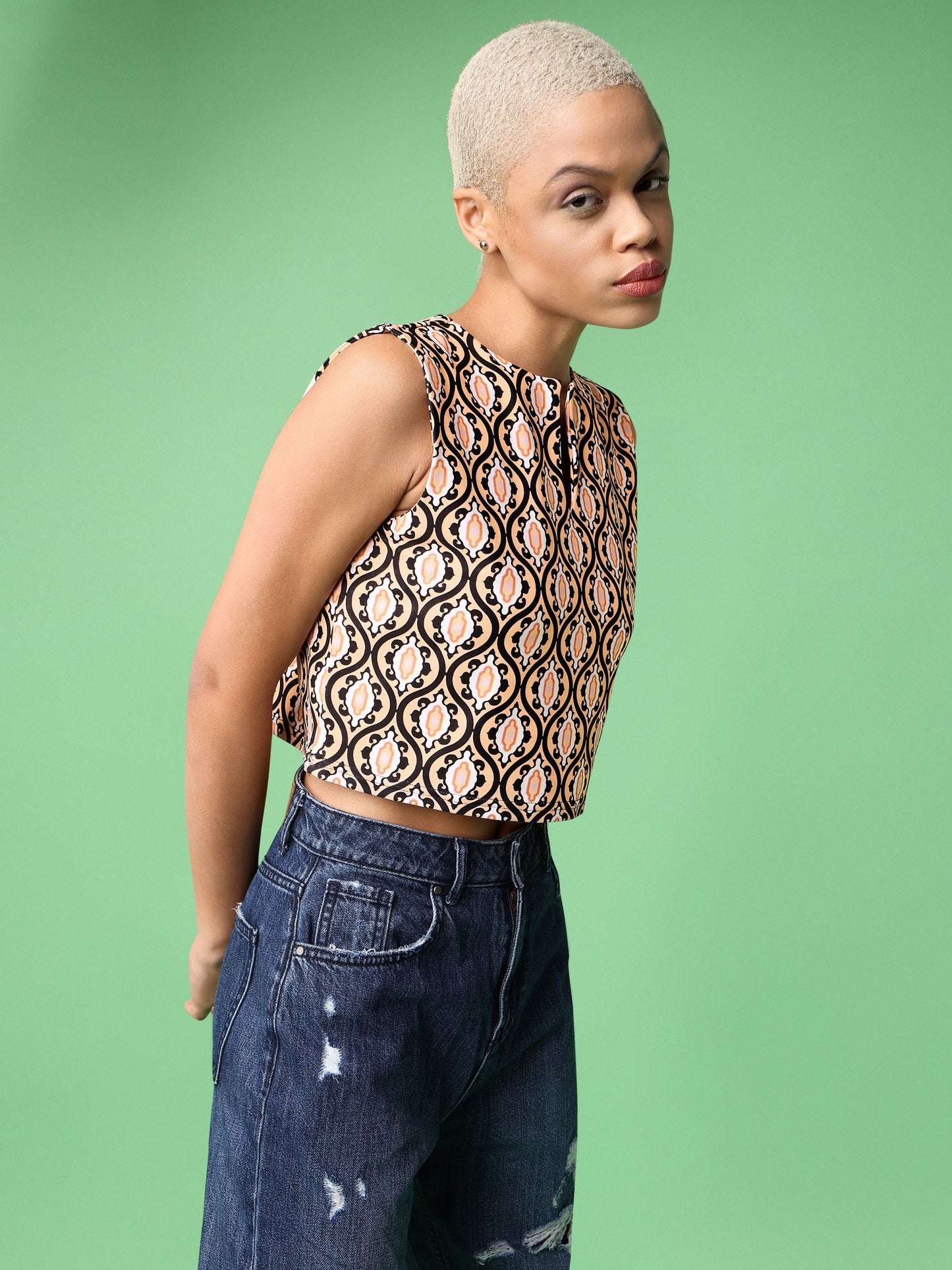 Abstract Design Light Brown Crop Top