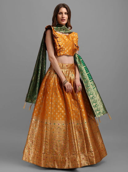 Women Yellow Self Design Print Lehenga