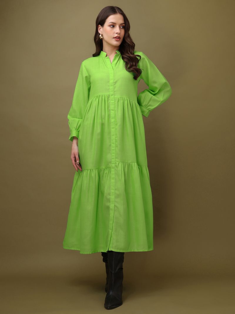 Women's Green Solid Fit & Flare Midi Puff Sleeve Dress