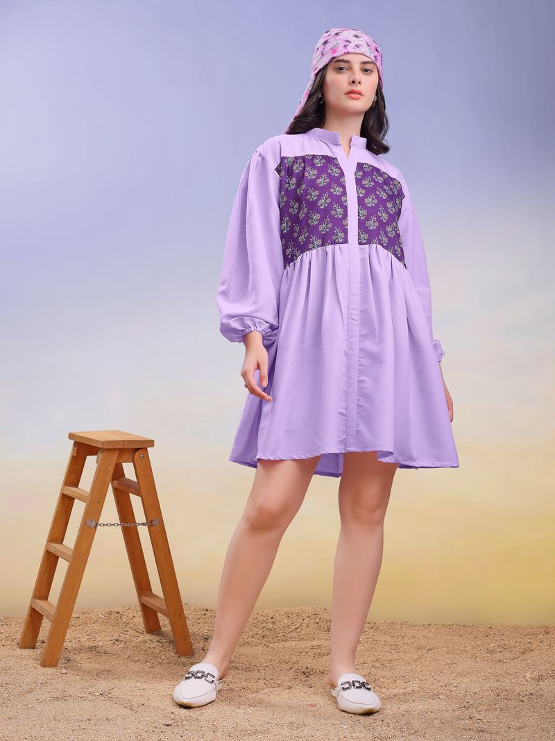 Women's Purple Long Sleeve Cotton Blend Dress