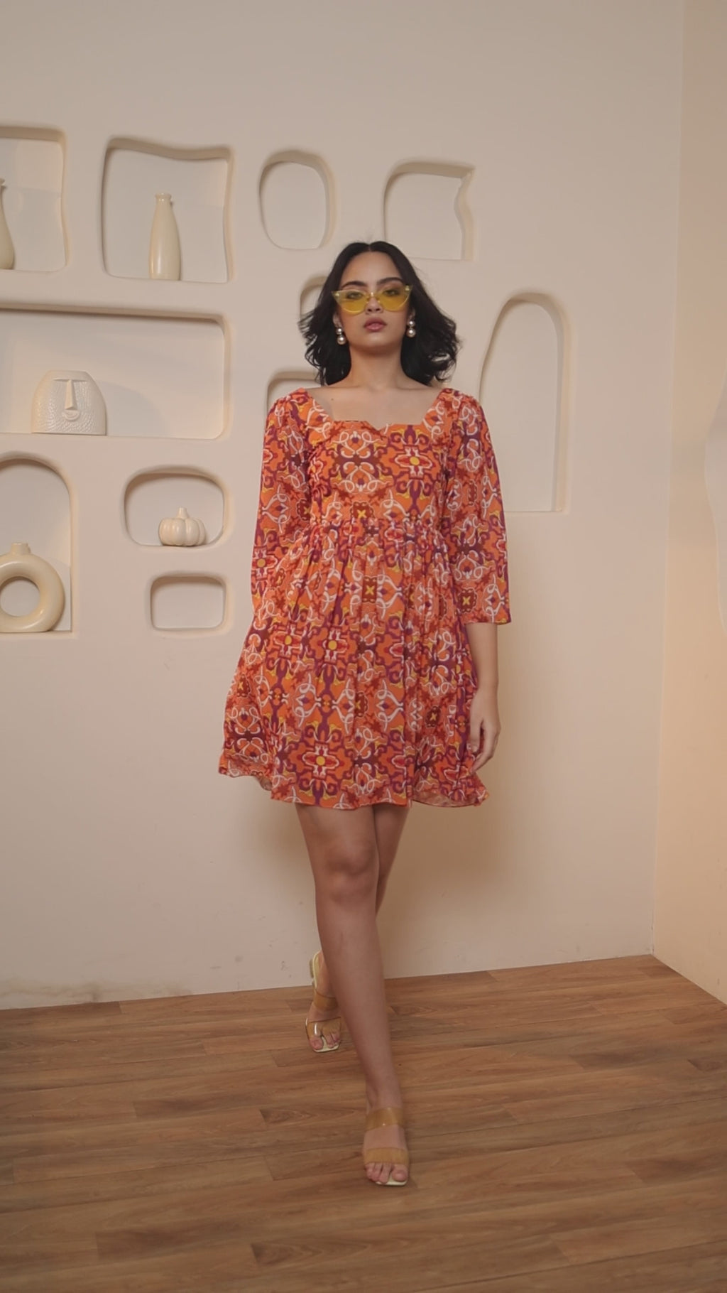 Women Orange Geometric Puff Sleeve Dress