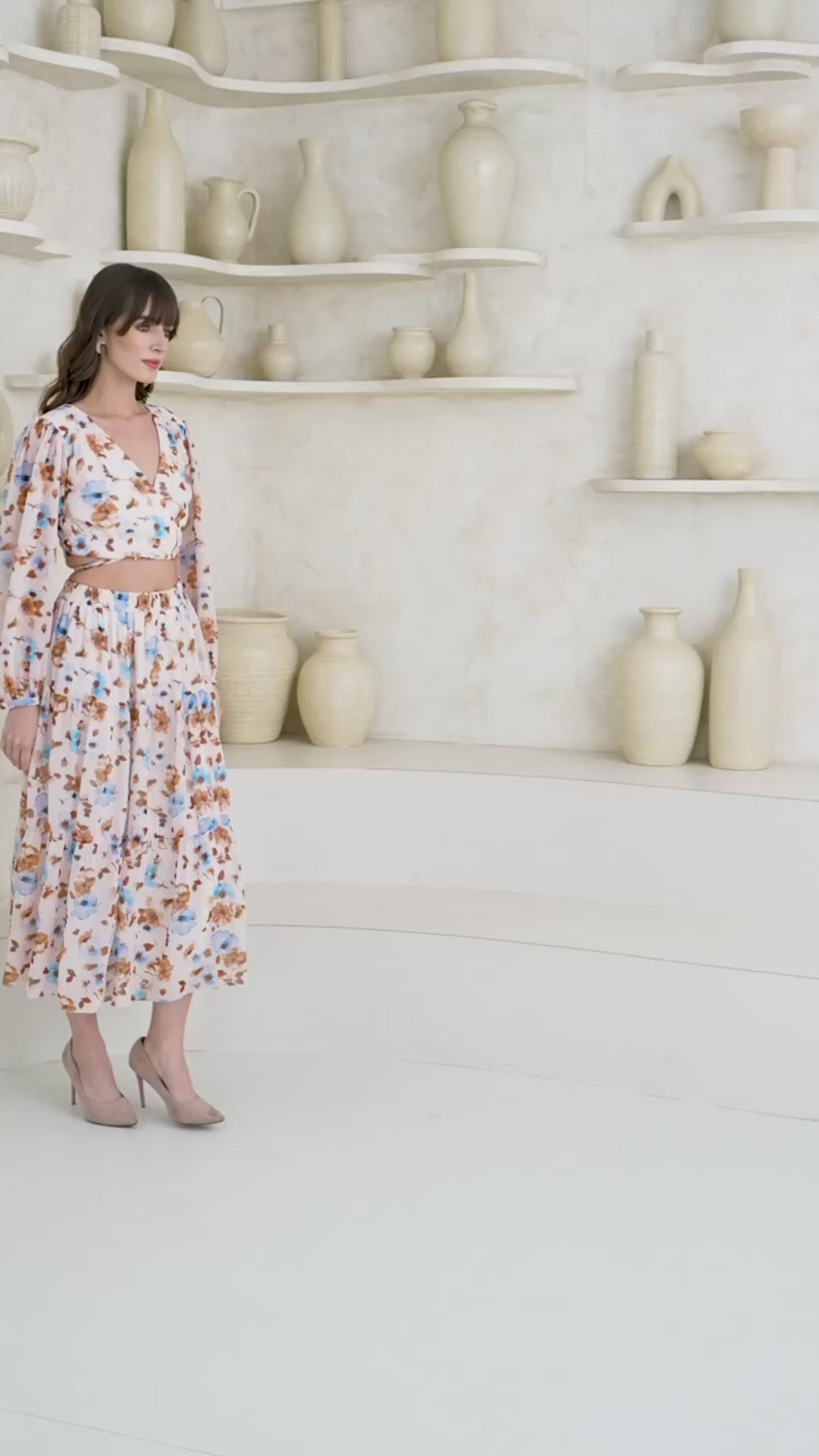 Women's Beige Stylish Puff Sleeve Top & Skirt Sets