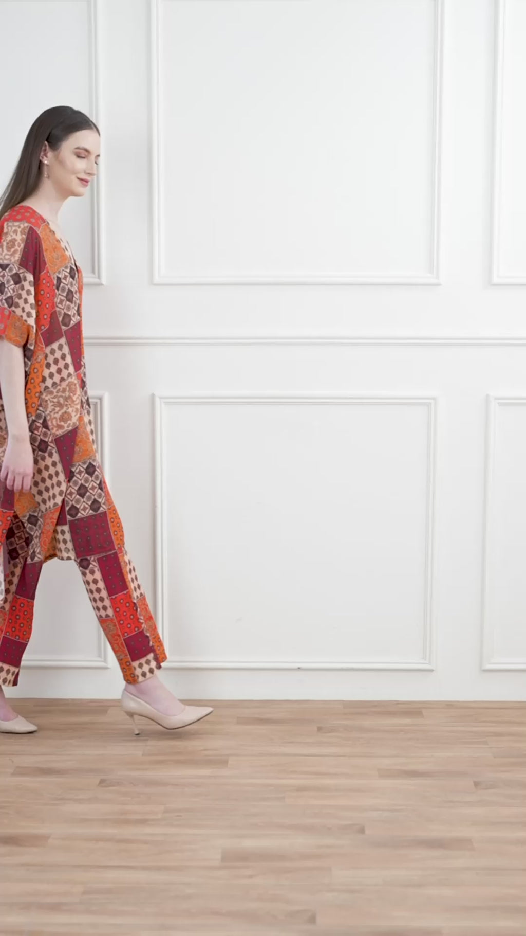 Women's Red Regular Sleeve V-neck Tunic & Palazzos Sets